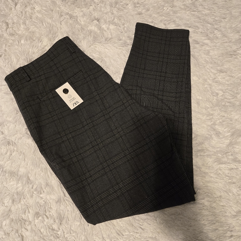 NWT Zara The Melange Pant Plaid Men's Color Black and Gray Size 46